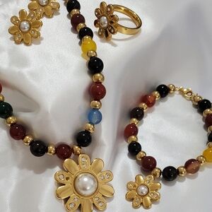 💖18K Gold Plated Semi-Precious Agate Pearl  Necklaces Set